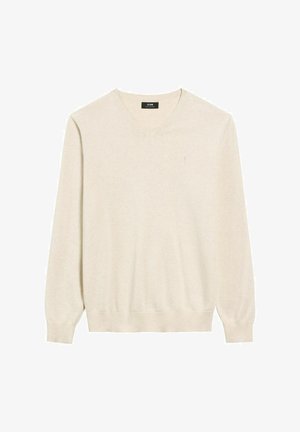 Jasno-beżowy sweter w serek z długimi rękawami, prążkowanym dołem i mankietami. Wykonany z miękkiej, gładkiej tkaniny z małym logo na klatce piersiowej.