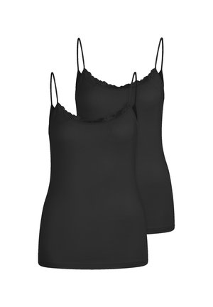 Two black spaghetti strap camisoles with lace trim along the scoop neckline, shown against a white background.