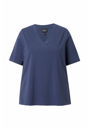 T-shirt blu navy a collo a V con maniche corte. Realizzato in tessuto morbido, presenta una vestibilità comoda e una texture liscia e uniforme.