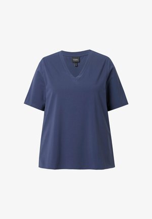 Marineblauwe V-hals T-shirt met korte mouwen. Gemaakt van zacht materiaal, met een losse pasvorm en een gladde, gelijkmatige textuur.