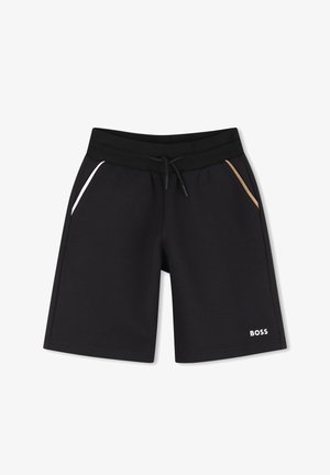 Zwarte knielange shorts met een trekkoord in de taille, witte en beige bies op de zakken en een wit BOSS-logo op het voorste onderste been.