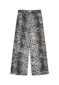 Leveälahkeiset housut mustavalkoisella leopardikuosilla. Valmistettu teksturoidusta kankaasta, jossa on paljetteja, ja housuissa on napillinen vyötärön suljin.