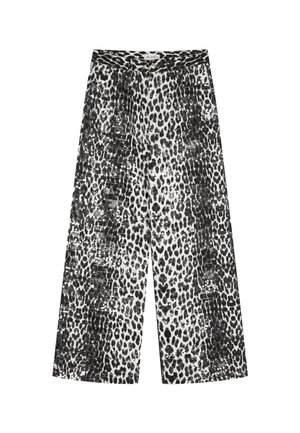 Kalhoty s širokými nohavicemi v černobílém leopardím vzoru. Vyrobené z texturované látky s flitry, se zapínáním na knoflík v pase.