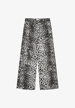 Bukser med vide ben i et sort og hvidt leopardmønster. Fremstillet af tekstureret stof med palietter og med knaplukning i taljen.