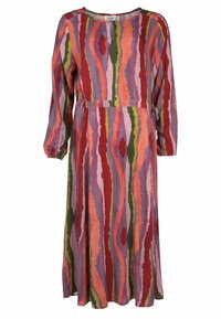 Langärmliges Kleid aus mehrfarbigem Stoff mit abstrakten, wellenförmigen Mustern in Rot, Grün, Pink und Lila, mit einem Taillendetail.