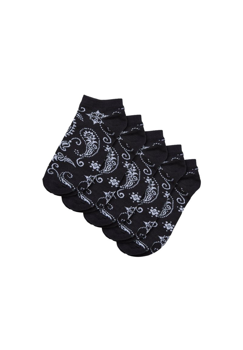 Schwarze Knöchelsocken mit einem dekorativen hellblauen Blumen- und Paisleymuster. Set von fünf mit einer weichen Textur und elastischen Bündchen.