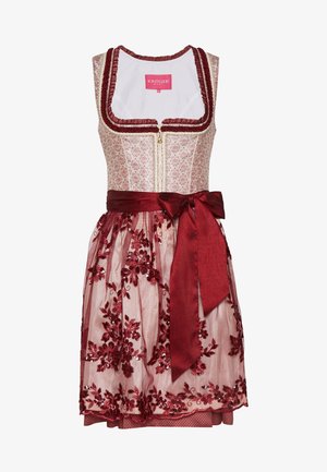 Robe traditionnelle sans manches avec un corsage en brocart beige, une fermeture éclair à l'avant, une jupe en tulle brodée de fleurs rouges, et un grand nœud en satin rouge à la taille.