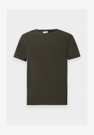 T-shirt en coton vert foncé à manches courtes avec col rond et ourlet droit, présenté à plat sur un fond gris clair uni.