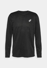 Pitkähihainen musta urheilupaita, joka on valmistettu kevyestä ja hengittävästä kankaasta. Paidassa on pyöreä kaula-aukko ja pieni valkoinen logo rinnassa.