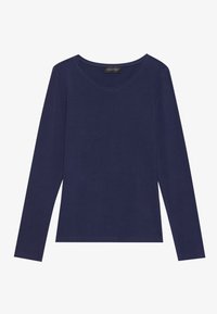 Granatowa, długosleeve koszulka z dekoltem w serek, wykonana z miękkiego materiału. Charakteryzuje się prostym designem i luźnym fasonem. Metka: Anna Field.