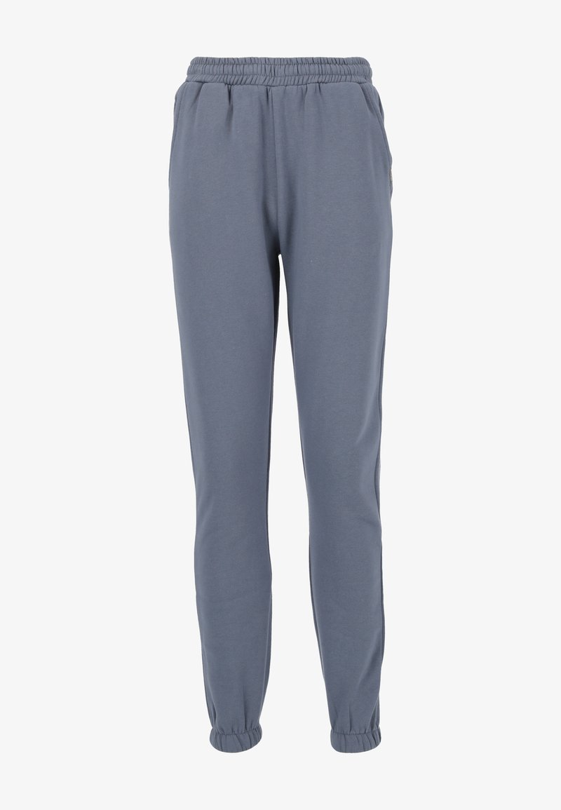 Pantalon de survêtement gris avec taille élastique et poignets. Conçu en tissu doux et respirant. Coupe slim avec poches latérales.
