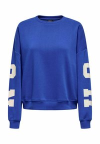 Sweat-shirt bleu en mélange de coton, avec un col rond et des lettres blanches en bloc imprimées sur les deux manches. Il a une coupe décontractée.