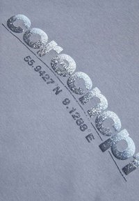 T-shirt gris avec un grand texte pailleté indiquant "coreconcept" et des coordonnées "55.9427° N 9.1288° E" dans un design contrasté.