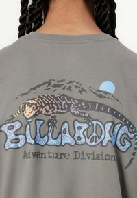 Graues Baumwoll-T-Shirt mit einem mehrfarbigen Grafikdesign eines Echsen und dem Text "Billabong Adventure Division", sowie einem stilisierten Berg und der Sonne.