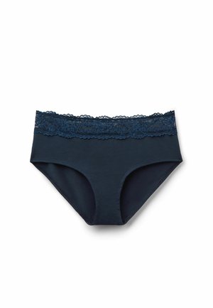 Damen-Slips aus marineblauer Baumwolle mit einem breiten Spitzenbund, entworfen für Komfort und Stil.