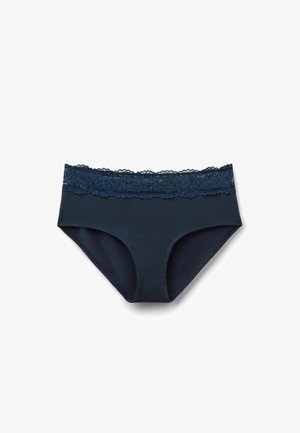 Damen-Slips aus marineblauer Baumwolle mit einem breiten Spitzenbund, entworfen für Komfort und Stil.