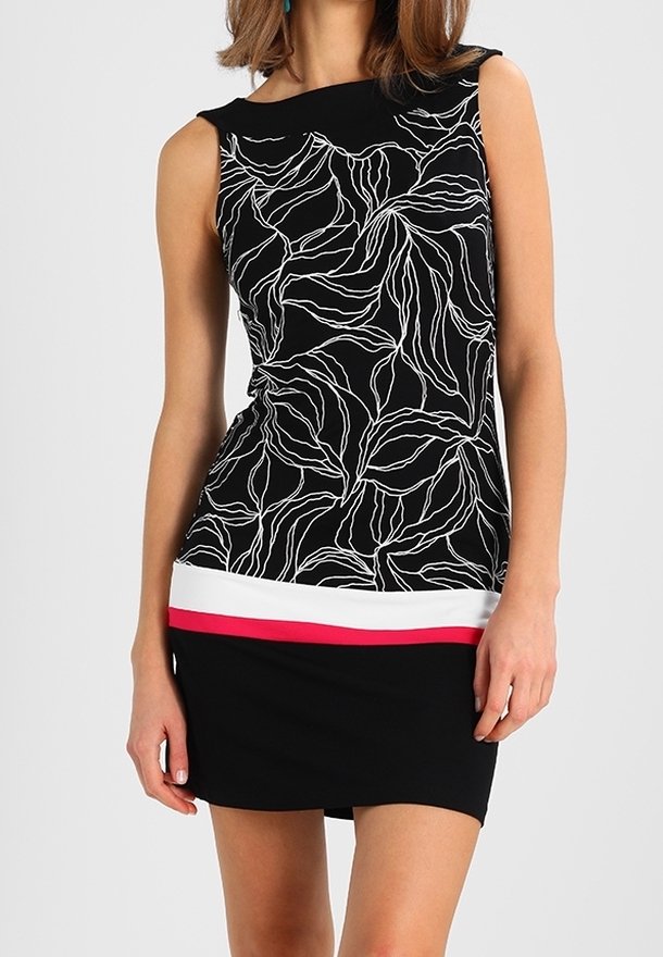 Robe noire sans manches avec un motif de feuilles blanches, présentant un ourlet bicolore en blanc et rose. Texture lisse, silhouette ajustée.