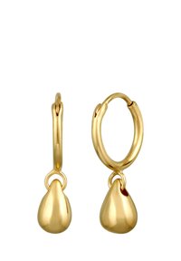 Guld hoops øreringe med en dråbeformet vedhæng. Glat, blank overflade; enkelt design; inkluderer en hængsel lukning for nem påføring.