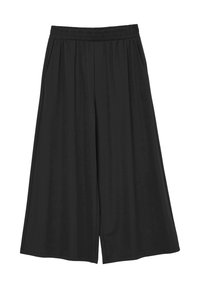 Pantaloni neri a gamba larga con cintura elastica, texture liscia, tasche laterali e vestibilità ampia, adatti per un look casual.