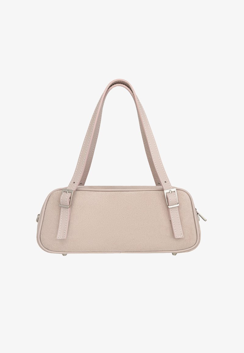 Sac à main rectangulaire rose clair avec double anse supérieure, boucles argentées et fermeture éclair latérale sur fond blanc.