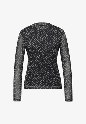 Maglietta nera a maniche lunghe realizzata in tessuto trasparente, con stampa floreale bianca su tutta la superficie e colletto rotondo.