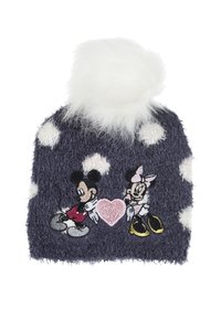 Berretto lavorato a maglia di colore navy con un morbido pom-pom bianco, con ricamati Topolino e Minnie e pois bianchi.