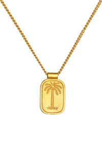 Guld vedhængs halskæde med et struktureret palmetrædesign på en rektangulær plade, hængende fra en snoet guld kæde.