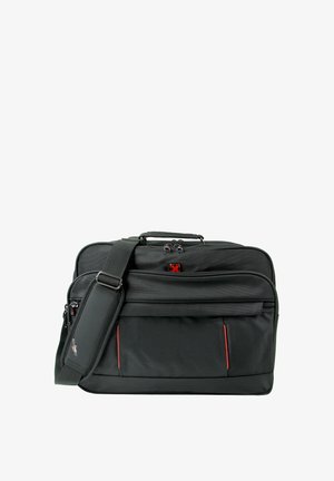 Zwarte zachte laptop Tas met meerdere ritsvakken en een verstelbare gevoerde schouderriem, met kleine rode accenten.