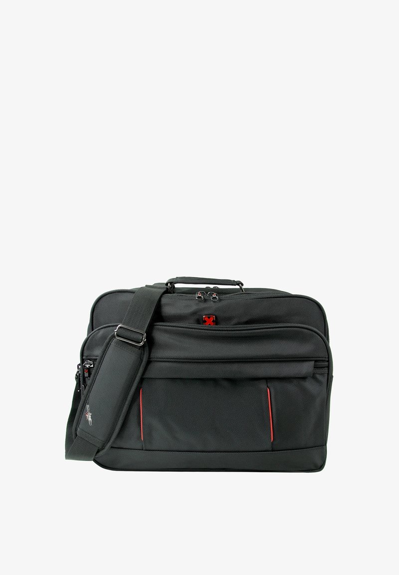 Zwarte zachte laptop Tas met meerdere ritsvakken en een verstelbare gevoerde schouderriem, met kleine rode accenten.