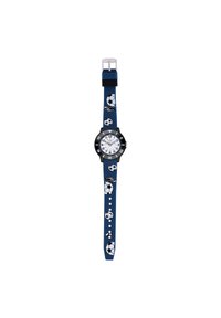 Blaues Silikonarmband mit rundem weißen Ziffernblatt, schwarzem Rand, arabischen Ziffern und Fußballmustern am Armband. Verstellbare Schnallenverschluss.