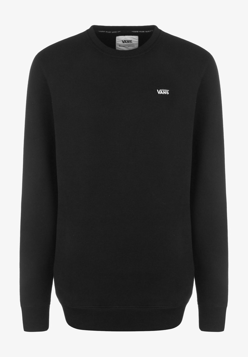 Sweat-shirt noir à manches longues avec col rond, petit logo Vans blanc sur la poitrine gauche, poignets et ourlet côtelés.