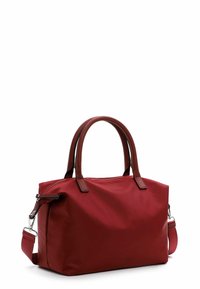 Borsa a tracolla rossa in nylon con dettagli in pelle marrone, doppi manici superiori, chiusura a zip e una tracolla regolabile per un trasporto versatile.