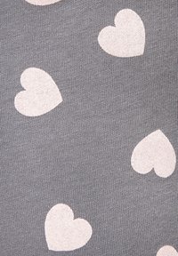 Gray fabric with a textured weave, featuring scattered light pink heart shapes of various sizes.