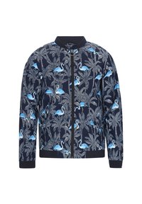 Marine bomberjack met een bloemen- en flamingopatroon, voorzien van een rits aan de voorkant, ribgebreide manchetten en een lichte stofstructuur.