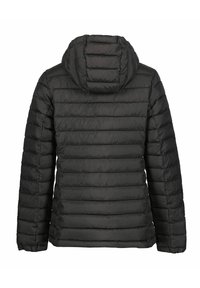 Schwarze gesteppte Pufferjacke mit langen Ärmeln und angenommener Kapuze, von hinten auf weißem Hintergrund gezeigt.