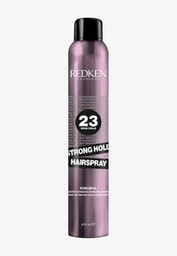 Paarse spuitbus met een zwarte dop, gelabeld "Redken 23 High Hold Strong Hold Hairspray." Inhoud van 400 ml. Textuurafwerking.