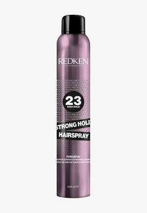 Paarse spuitbus met een zwarte dop, gelabeld "Redken 23 High Hold Strong Hold Hairspray." Inhoud van 400 ml. Textuurafwerking.