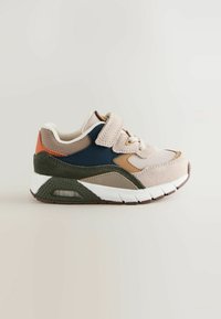 Sneaker with a light pink mesh upper, navy and orange accents, tan overlays, white midsole, and textured green heel. Velcro strap and laces.