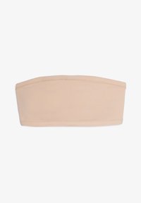 Top bandeau senza spalline in nude, realizzato in un tessuto morbido e elasticizzato; texture liscia con un design piatto e senza cuciture, privo di ulteriori dettagli decorativi.