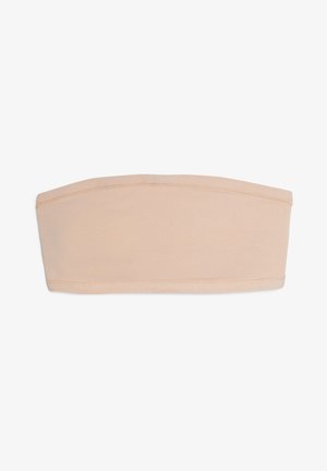 Nude strapless bandeau top made of soft, stretchy fabric; smooth texture with a flat, seamless design and no additional embellishments.