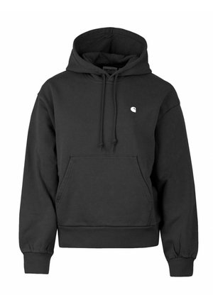Haut à capuche noir en tissu doux, avec une poche kangourou, un cordon de serrage à la capuche et un petit logo blanc sur la poitrine. Manches et ourlet à rayures.
