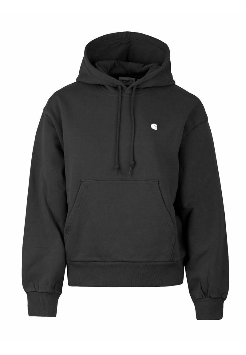 Black hoodie made of soft fabric, featuring a kangaroo pocket, drawstring hood, and a small white logo on the chest. Ribbed cuffs and hem.