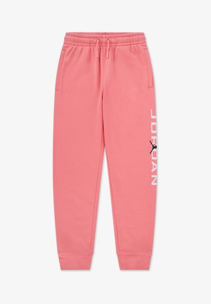 Pantaloni della tuta rosa in morbido misto cotone, con tasche laterali, cintura elasticizzata con coulisse e logo "JORDAN" bianco stampato sulla gamba.
