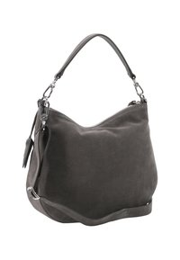 Gray suede shoulder bag with silver hardware, zipper closure, and adjustable strap against a white background.