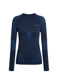 Granatowa długorękawowa koszulka sportowa z kontrastowymi, niebieskimi teksturowanymi akcentami, wykonana z elastycznego materiału, z okrągłym dekoltem i dopasowanym krojem.