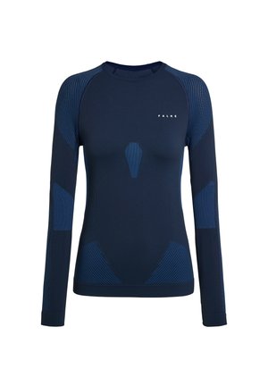 Marineblaues langärmliges Sportshirt mit kontrastierenden blauen strukturierten Akzenten, aus stretchigem Stoff, mit rundem Ausschnitt und figurbetontem Schnitt.
