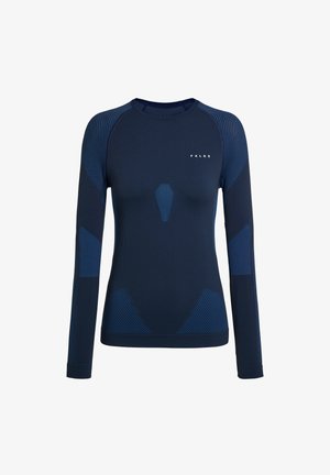 Marineblaues langärmliges Sportshirt mit kontrastierenden blauen strukturierten Akzenten, aus stretchigem Stoff, mit rundem Ausschnitt und figurbetontem Schnitt.
