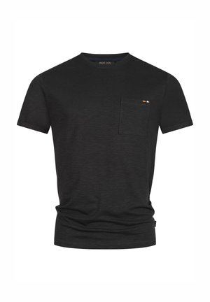 Schwarzes Crew-Neck-T-Shirt aus weichem Stoff, mit einer Brusttasche und einem kleinen orange-weißen Streifenakzent. Lässige Passform.