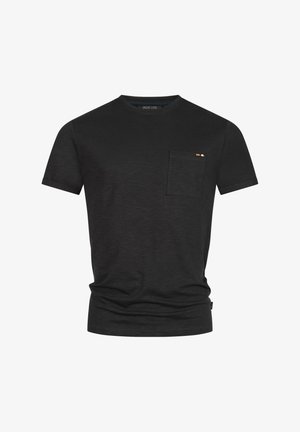 Black crew-neck t-shirt made of soft fabric, featuring a chest pocket with a small orange and white striped accent. Casual fit.