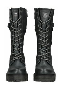 Black leather lace-up boots with a rugged design, featuring grey laces, a side zipper, and textured soles for grip.
